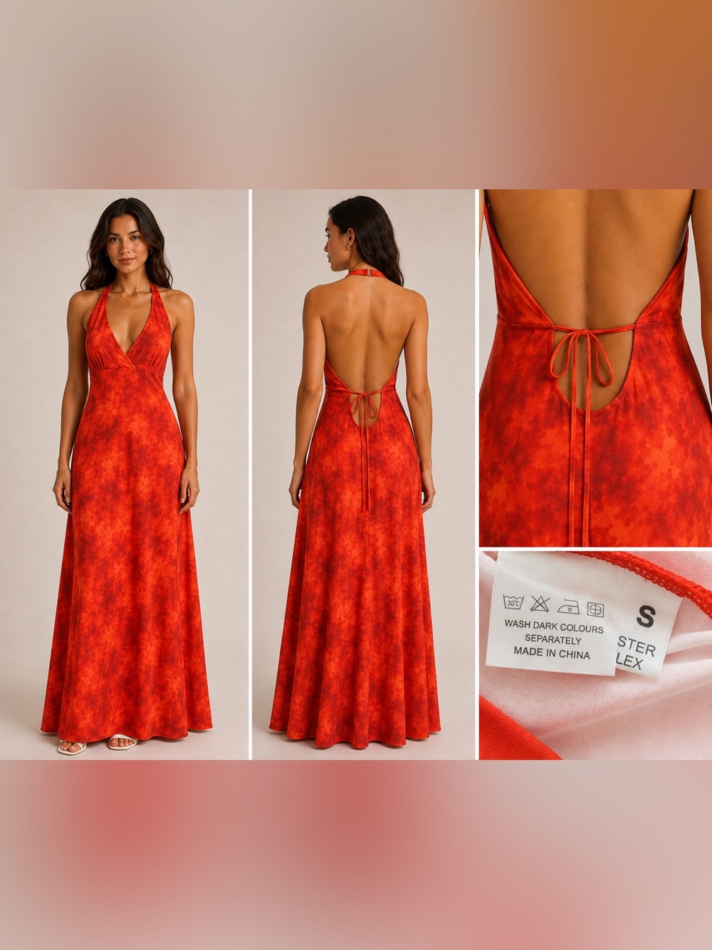Size S Red Orange Tie Dye Halter Maxi Dress Tie Open Back